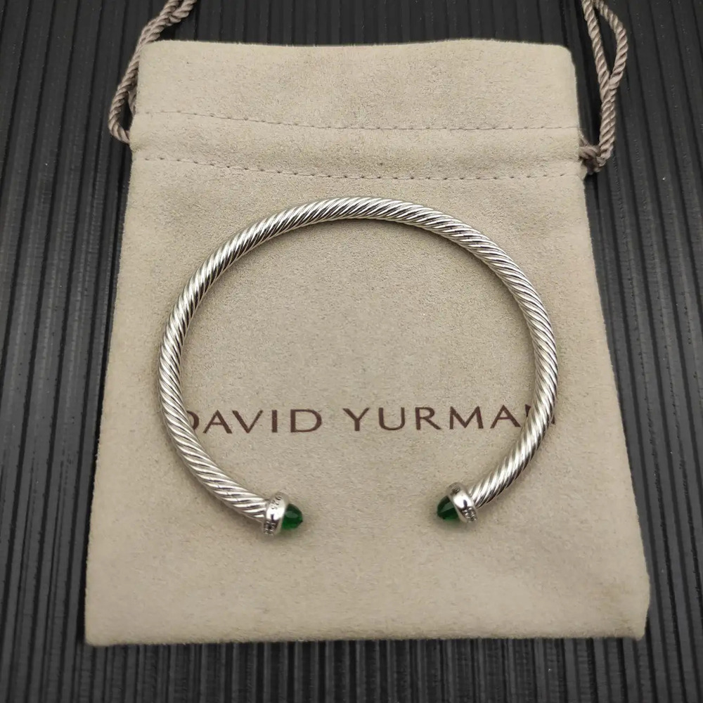 David Yurman 4mm Silver Bracelet with Dark Green Diamonds